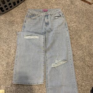 Edikted Light Blue Distressed Flare Jeans